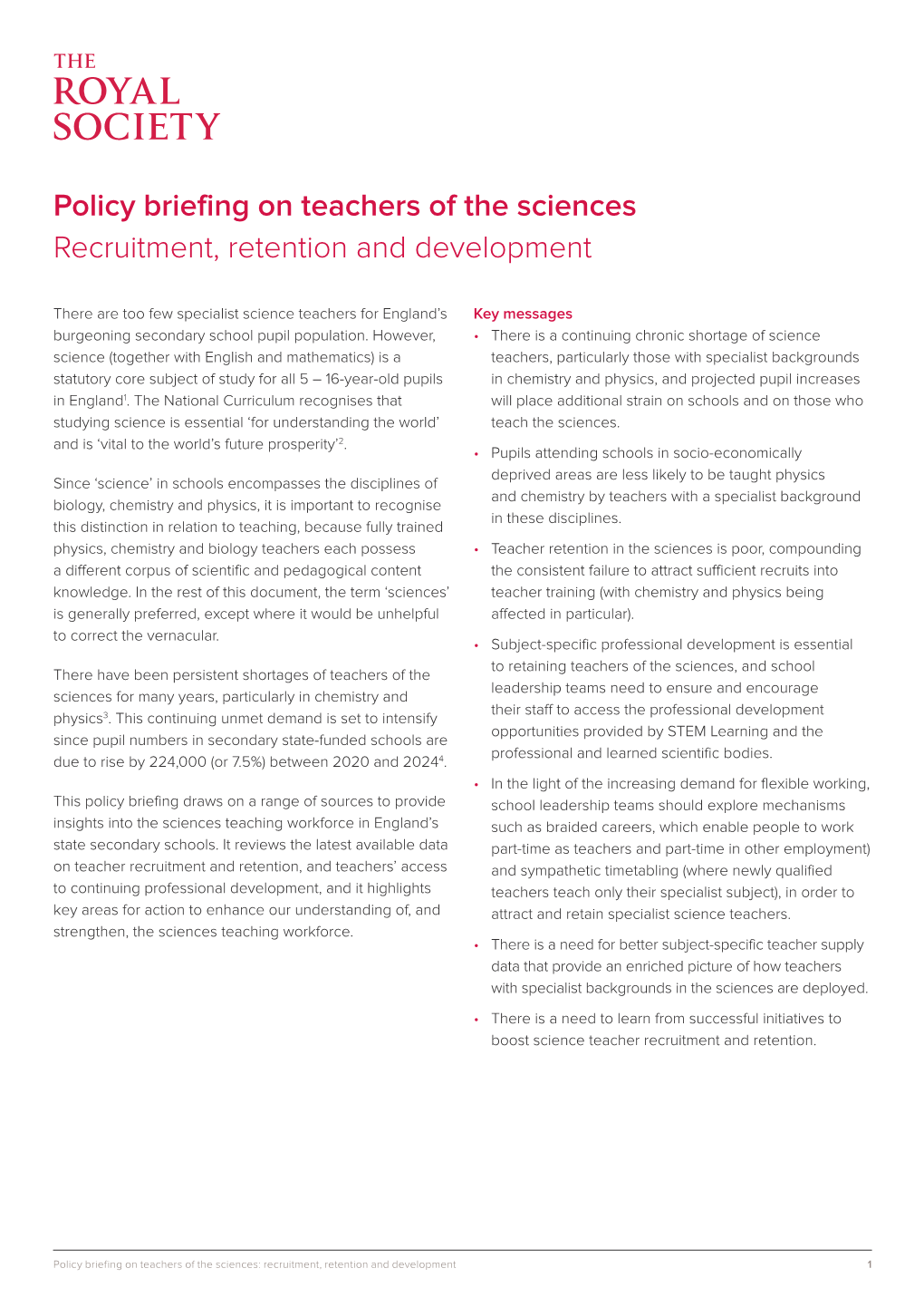 Policy Briefing on Teachers of the Sciences Recruitment, Retention and Development