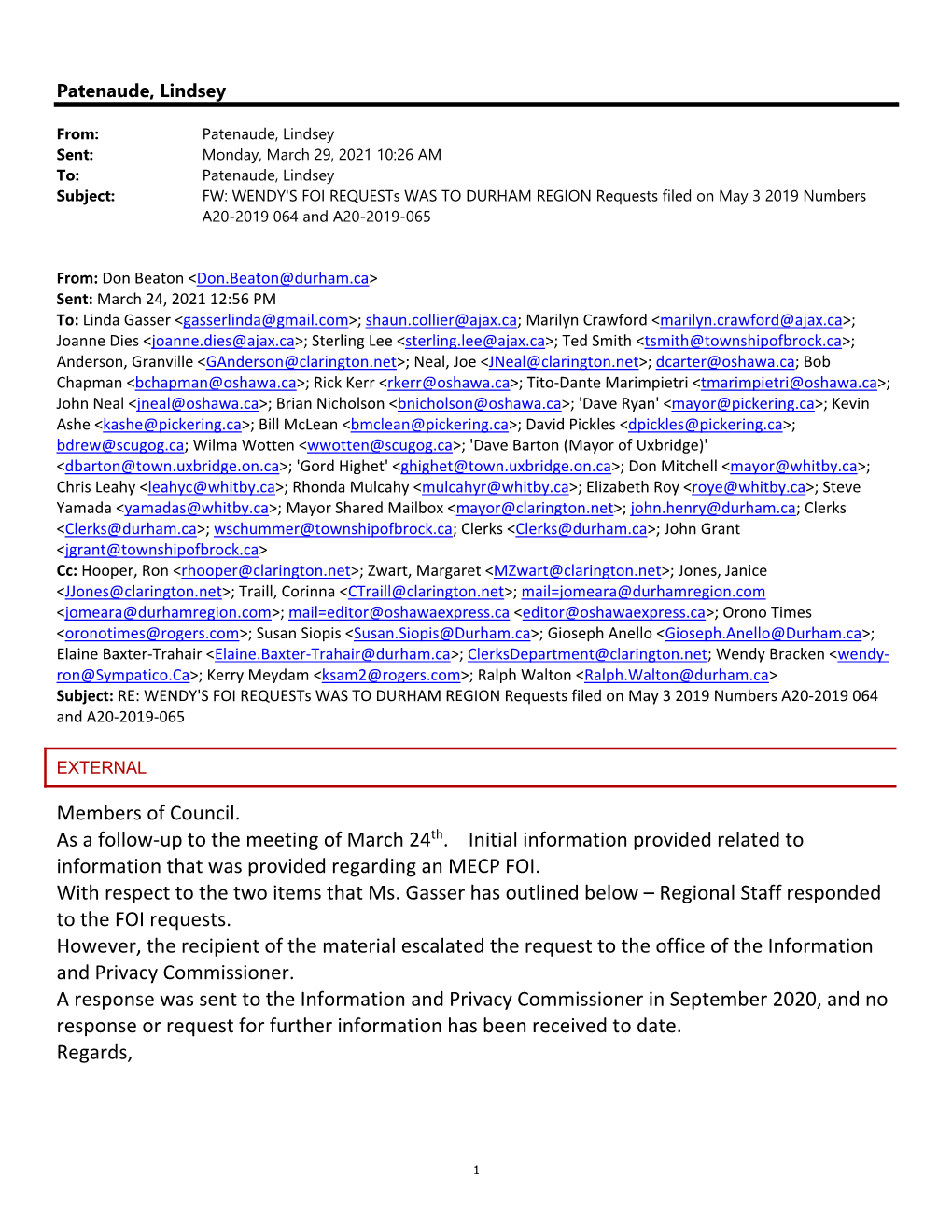 Members of Council. As a Follow‐Up to the Meeting of March 24Th. Initial Information Provided Related to Information That Was Provided Regarding an MECP FOI