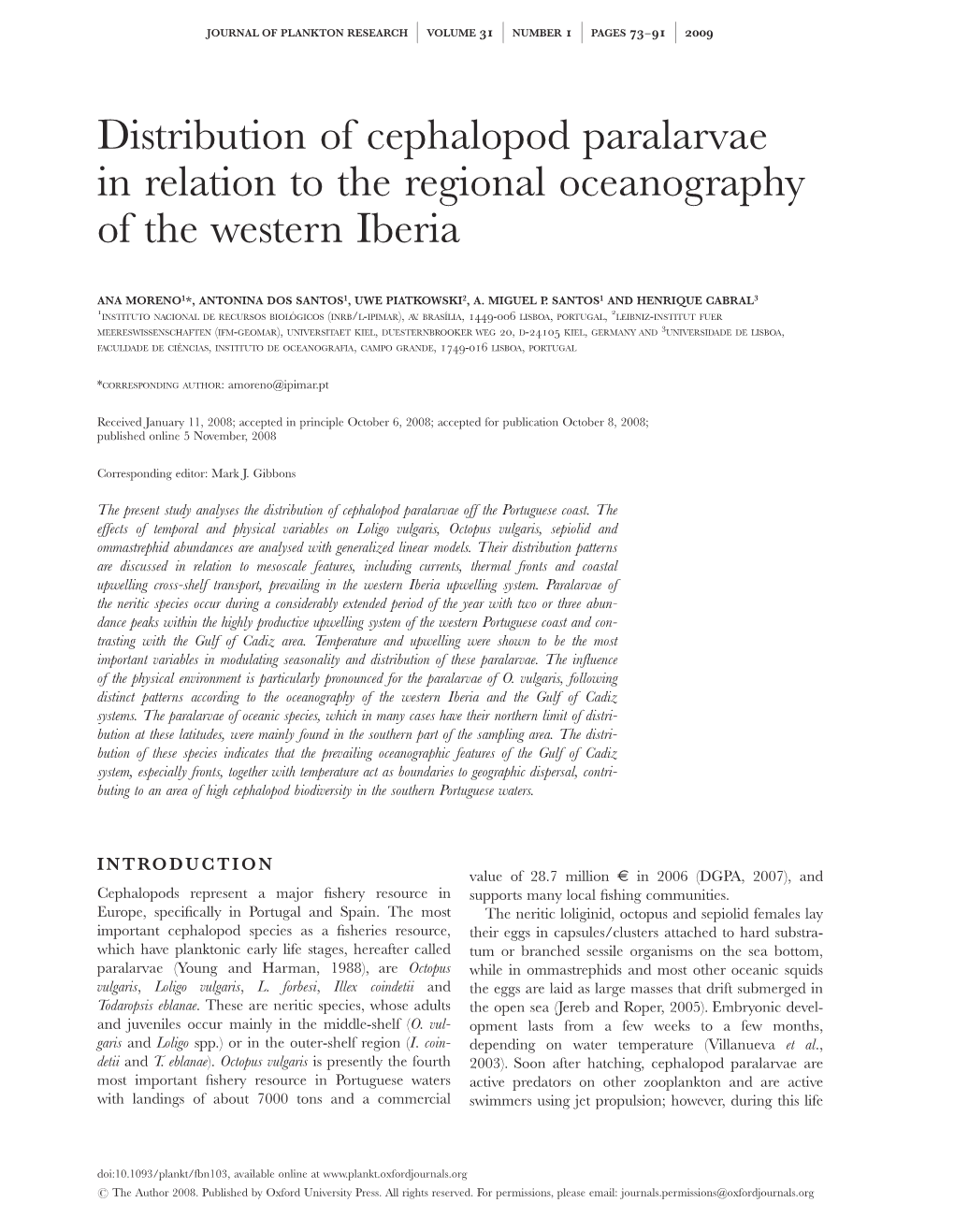 Distribution of Cephalopod Paralarvae in Relation to the Regional Oceanography of the Western Iberia