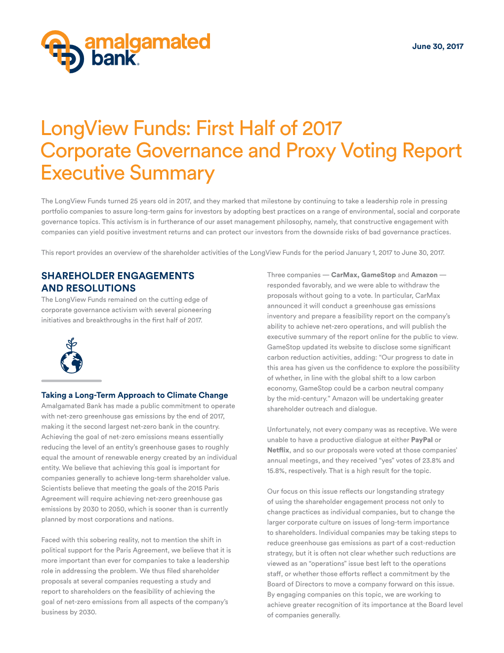 Longview Funds: First Half of 2017 Corporate Governance and Proxy Voting Report Executive Summary