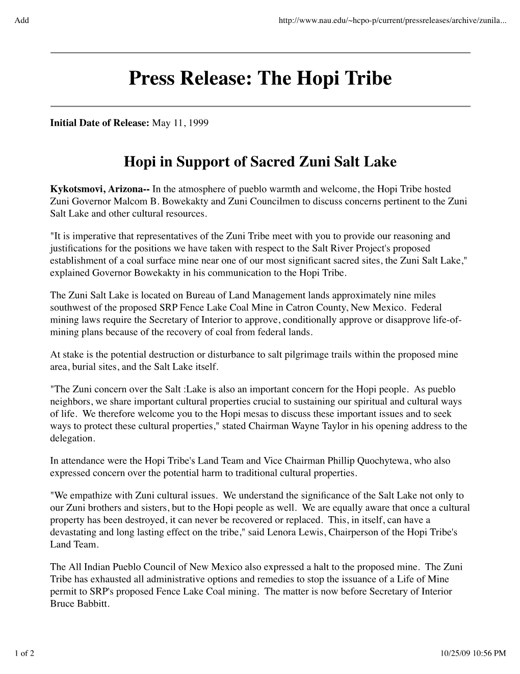 Press Release: the Hopi Tribe