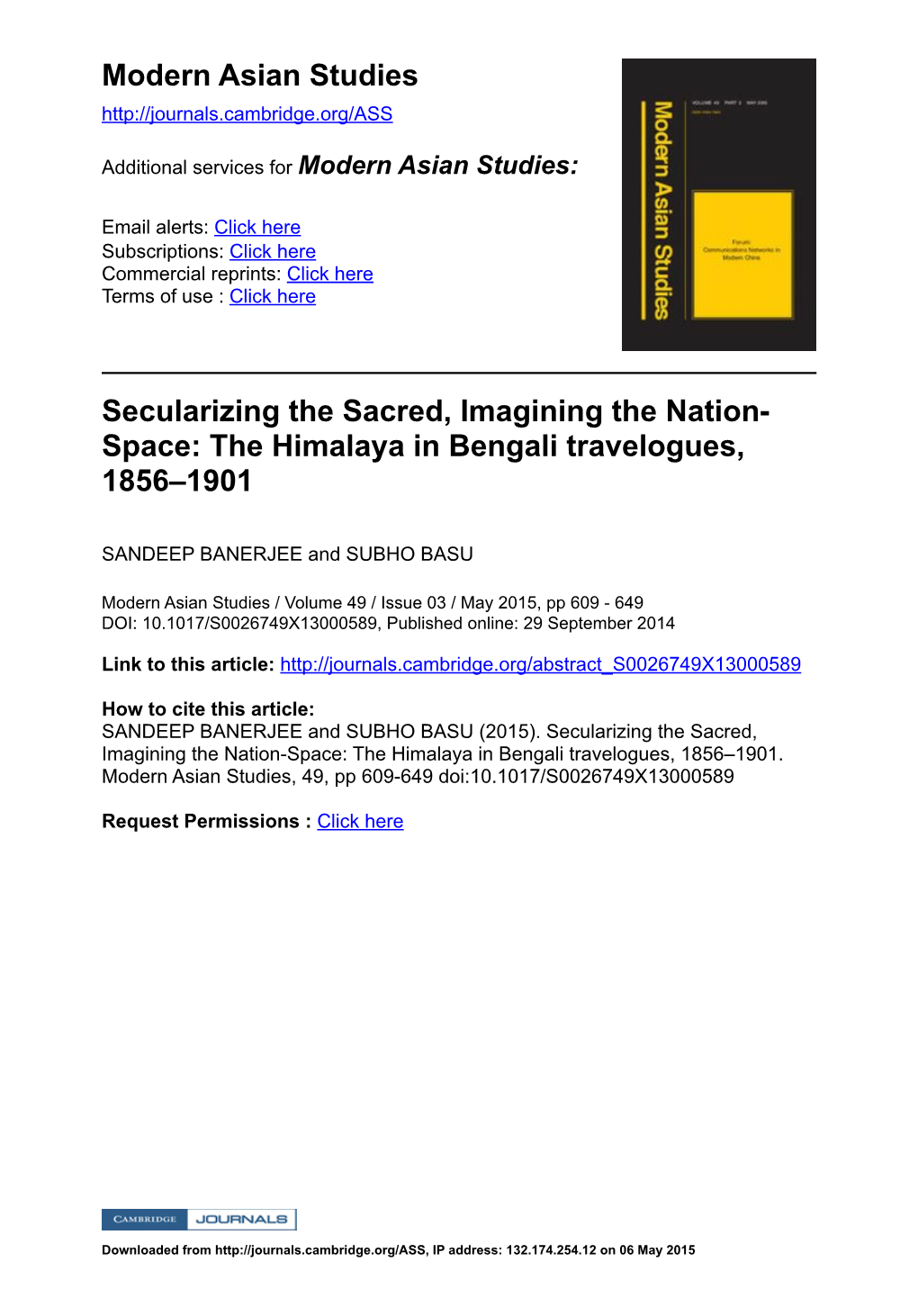 Modern Asian Studies Secularizing the Sacred, Imagining the Nation