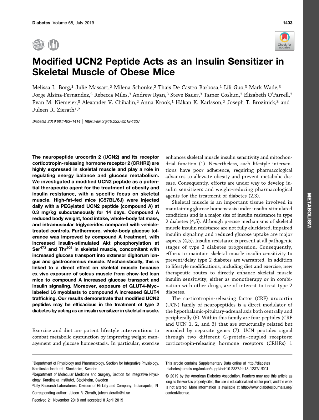 Modified UCN2 Peptide Acts As an Insulin Sensitizer in Skeletal Muscle