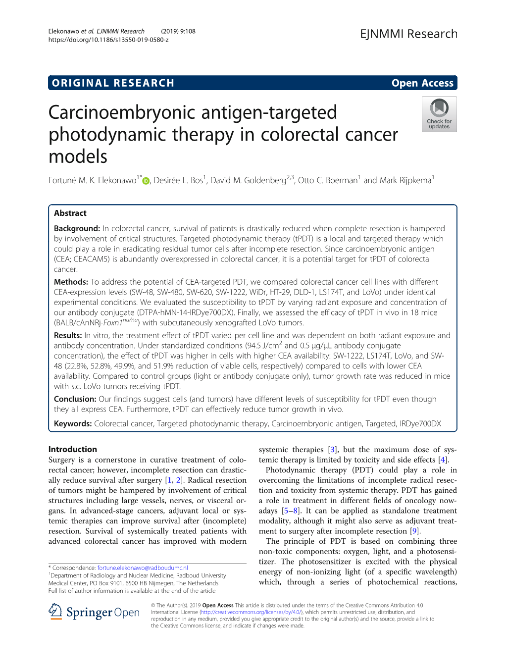 Carcinoembryonic Antigen-Targeted Photodynamic Therapy in Colorectal Cancer Models Fortuné M