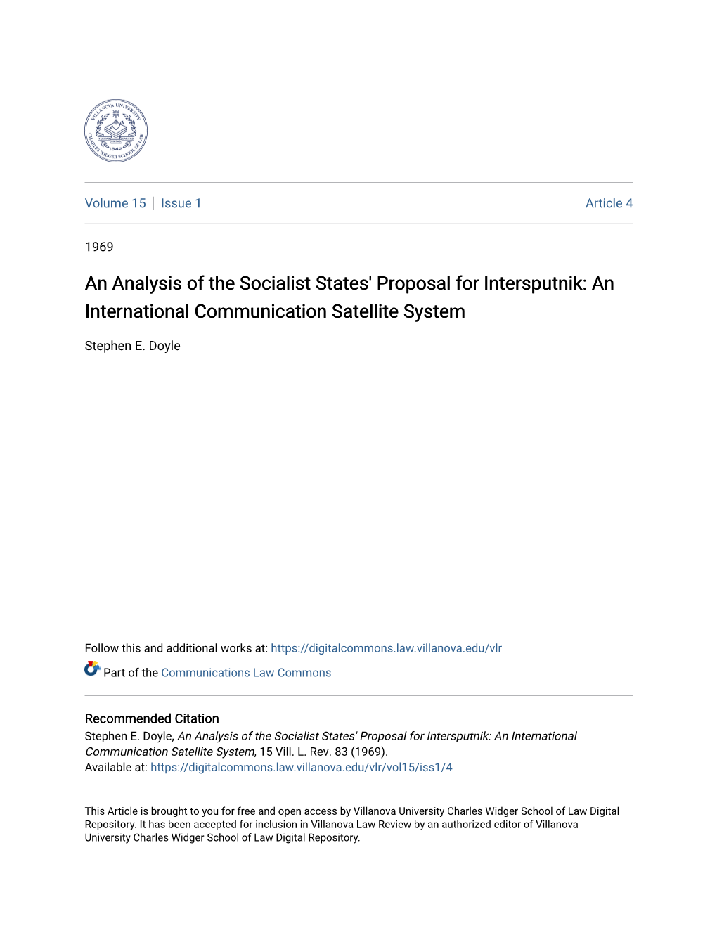 An Analysis of the Socialist States' Proposal for Intersputnik: an International Communication Satellite System