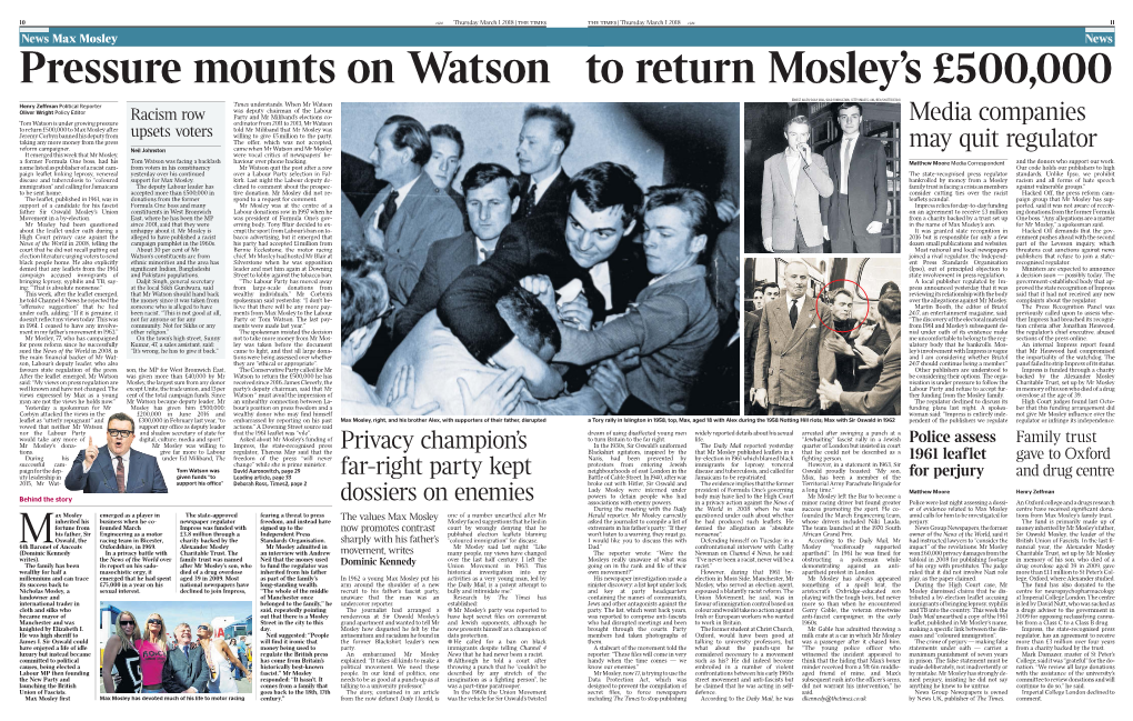 Max Mosley Nnewsews Pressure Mounts on Watson to Return Mosley’S £500,000
