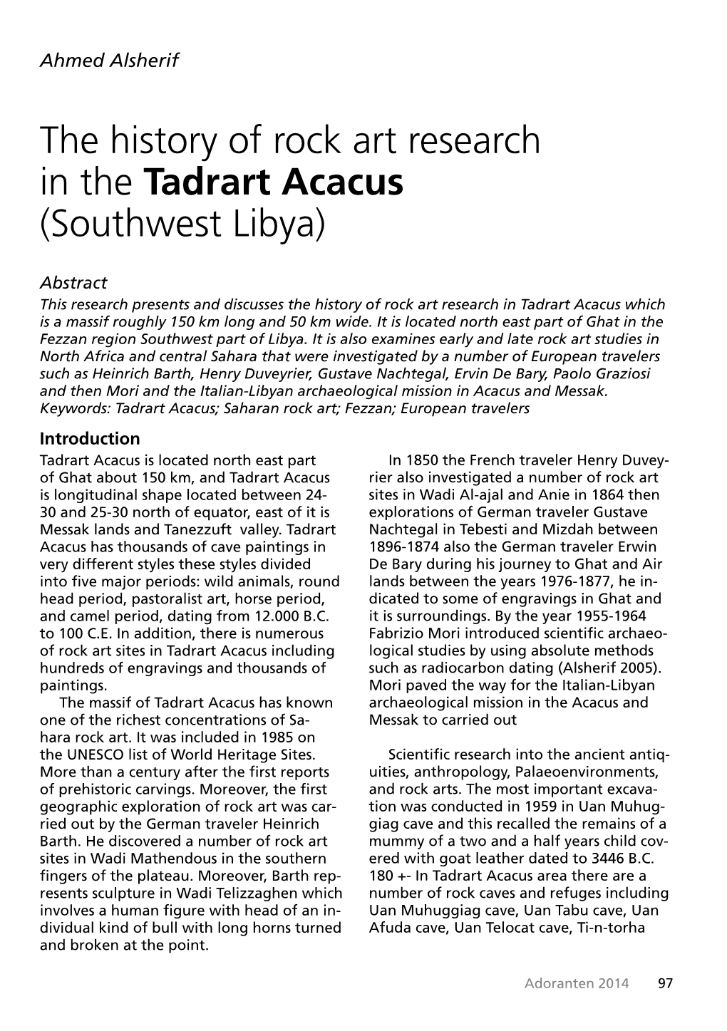 The History of Rock Art Research in the Tadrart Acacus (Southwest Libya)