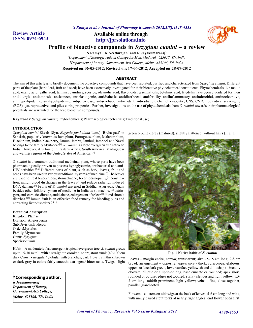 Profile of Bioactive Compounds in Syzygium Cumini
