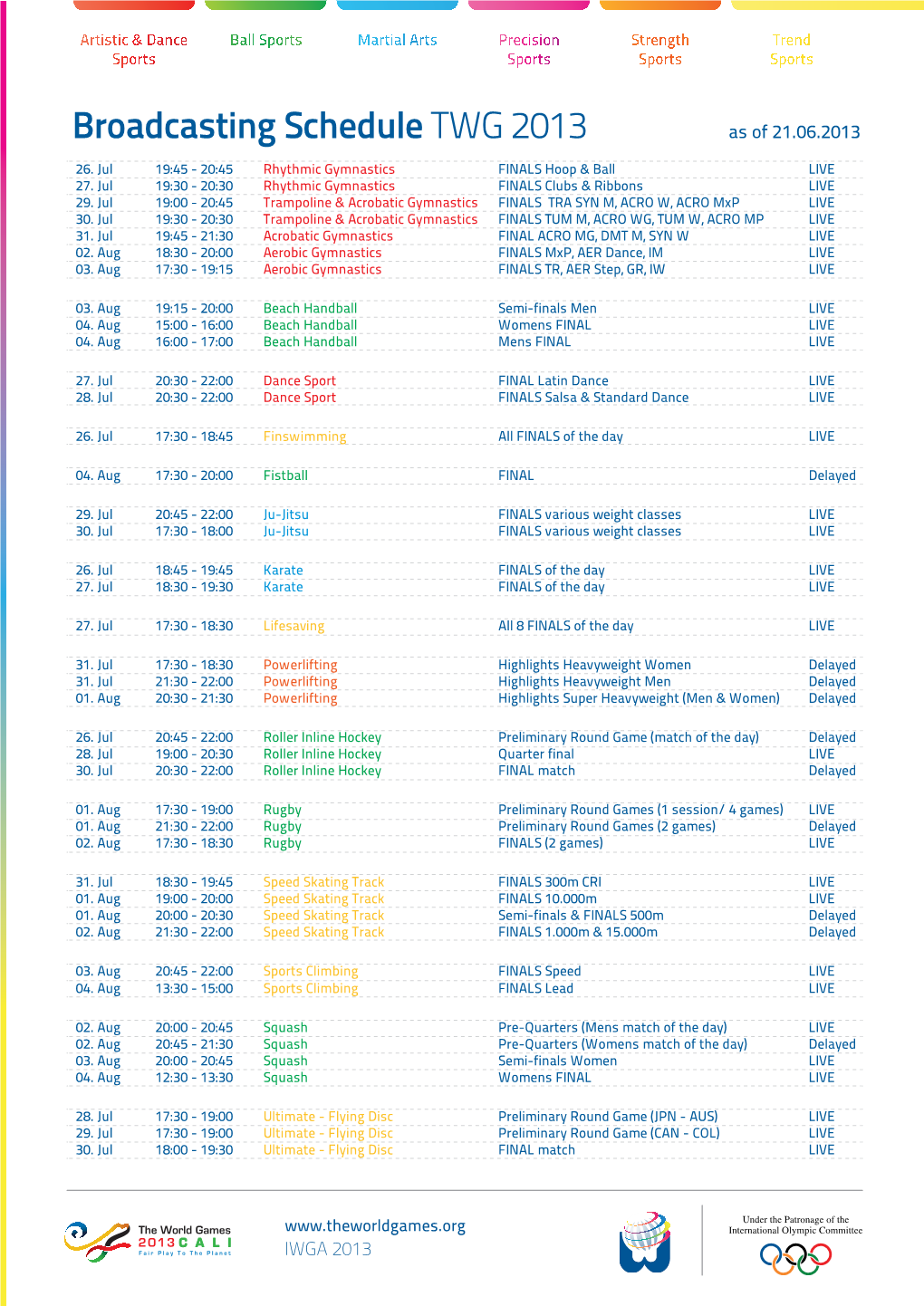 Broadcasting Schedule TWG 2013 As of 21.06.2013