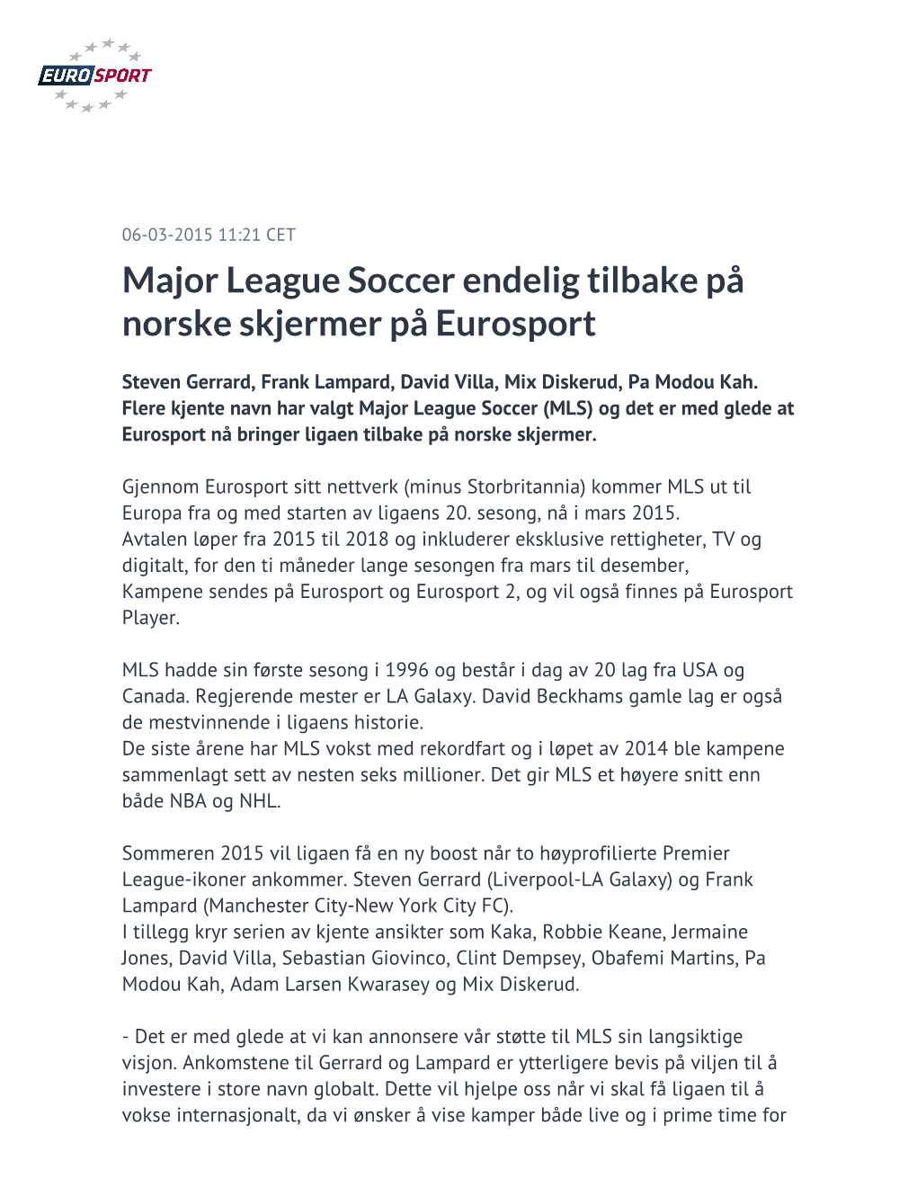 Major League Soccer Endelig Tilbake På Norske Skjermer På Eurosport