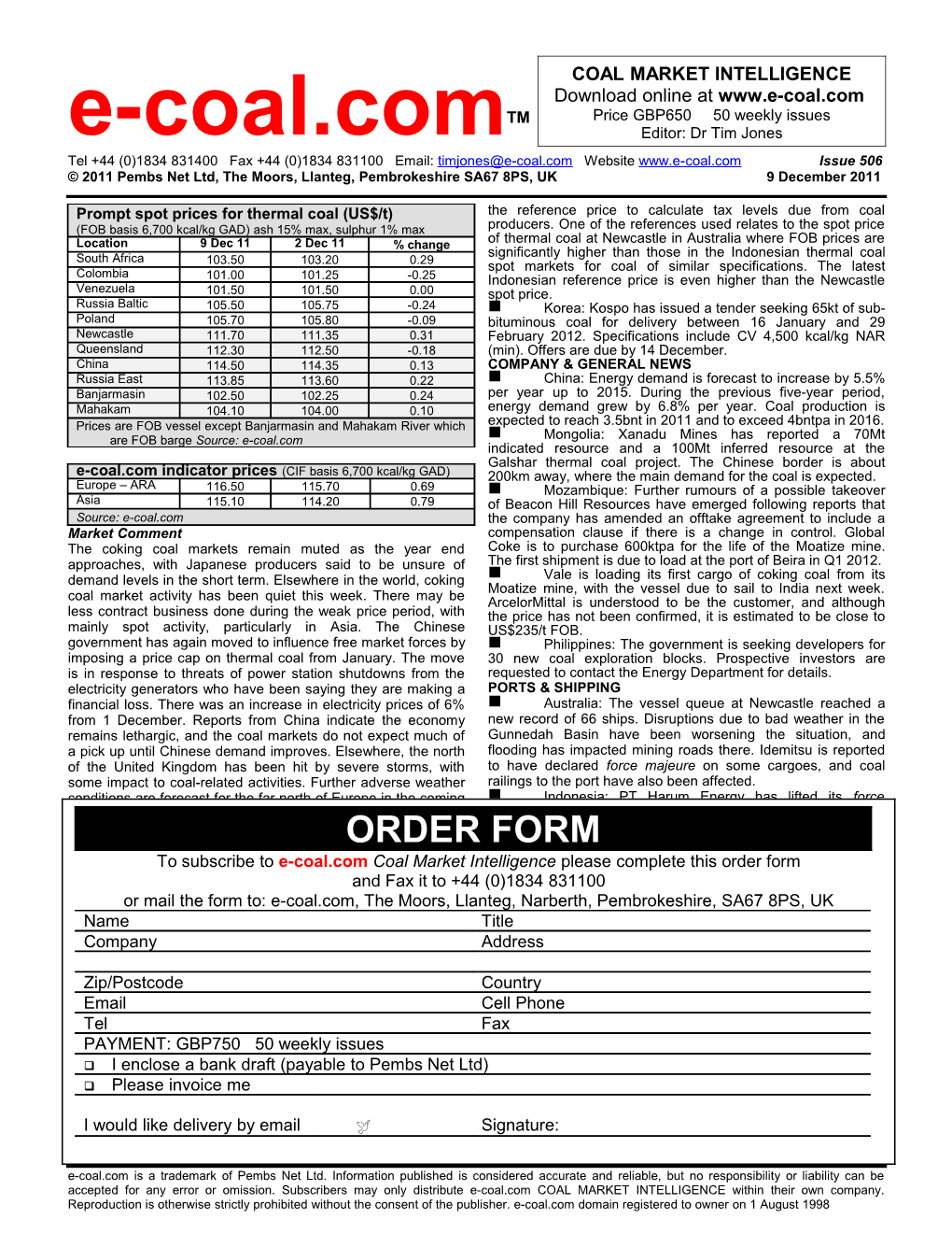 Prompt Spot Prices for Thermal Coal