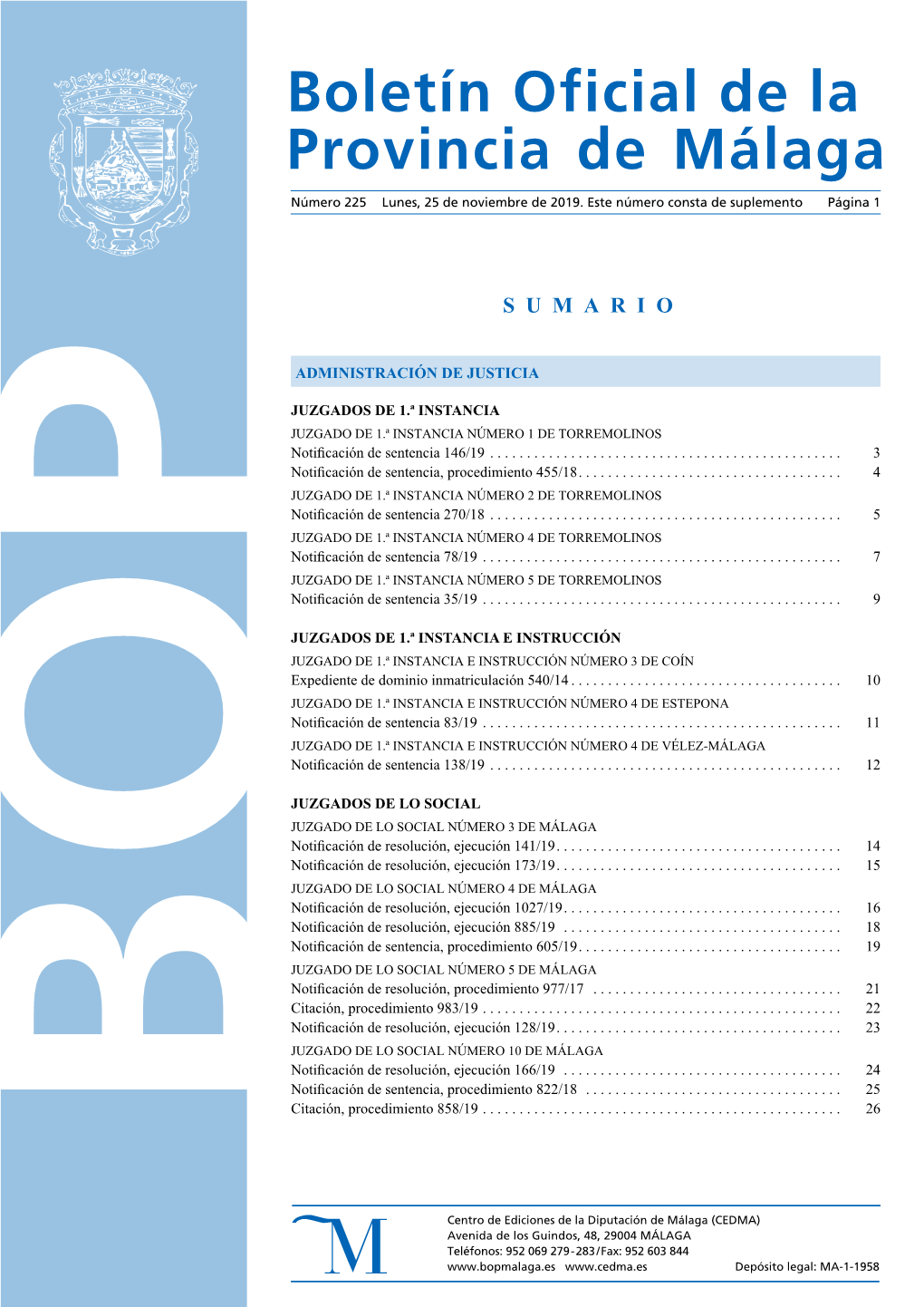 Boletín Oficial De La Provincia De Málaga: BOP 225, Año 2019