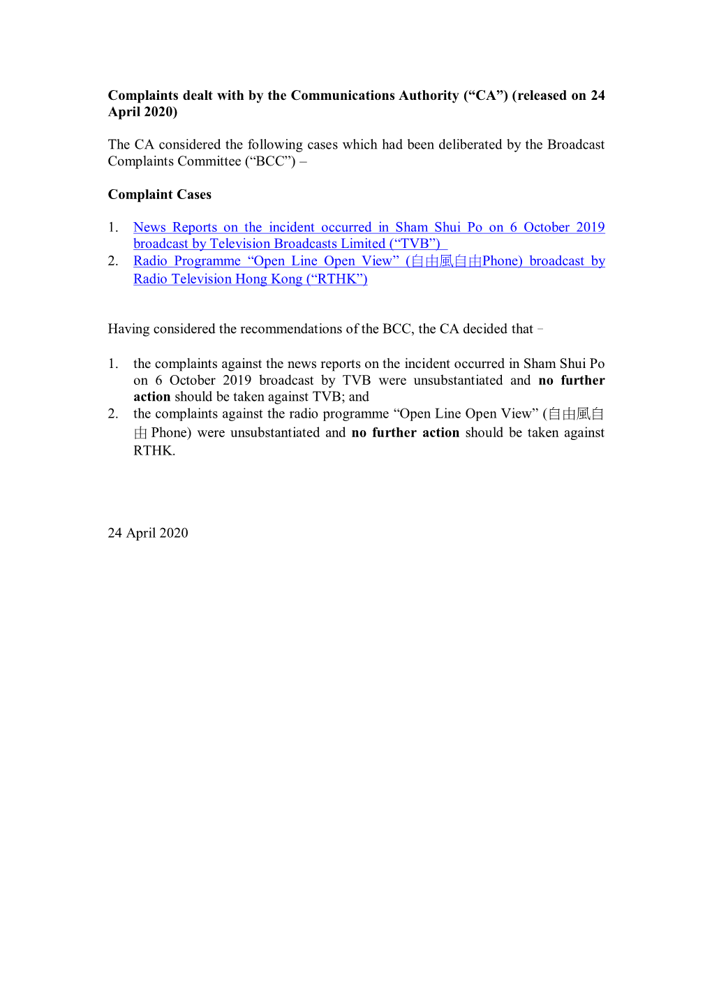 Complaints Dealt with by the Communications Authority (“CA”) (Released on 24 April 2020)