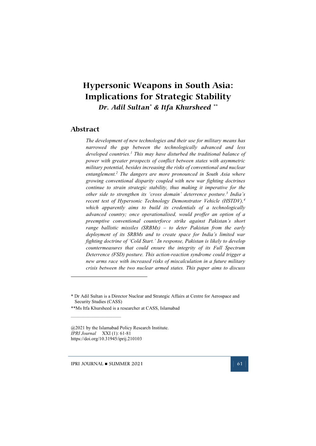 Hypersonic Weapons in South Asia: Implications for Strategic Stability Dr