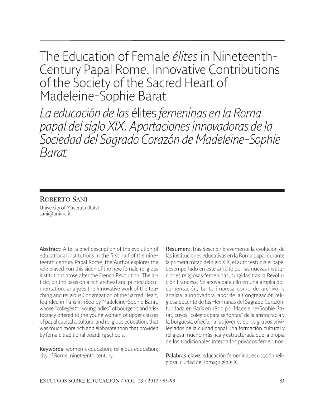 The Education of Female Élites in Nineteenth- Century Papal Rome