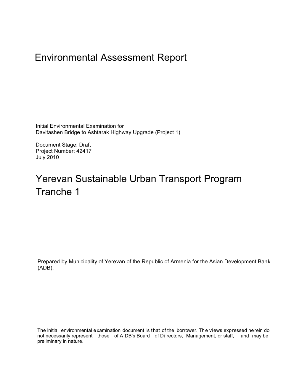 Yerevan Sustainable Urban Transport Program Tranche 1 Environmental