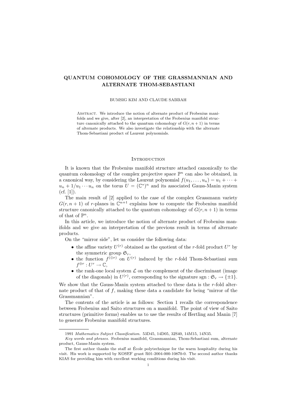 Quantum Cohomology of the Grassmannian and Alternate Thom-Sebastiani