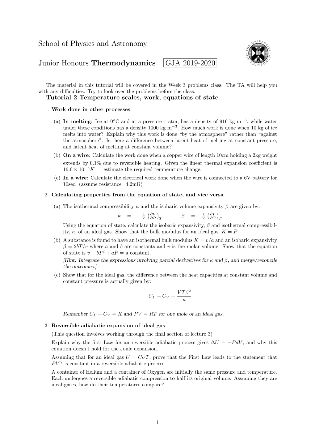 School of Physics and Astronomy Junior Honours Thermodynamics GJA 2019-2020