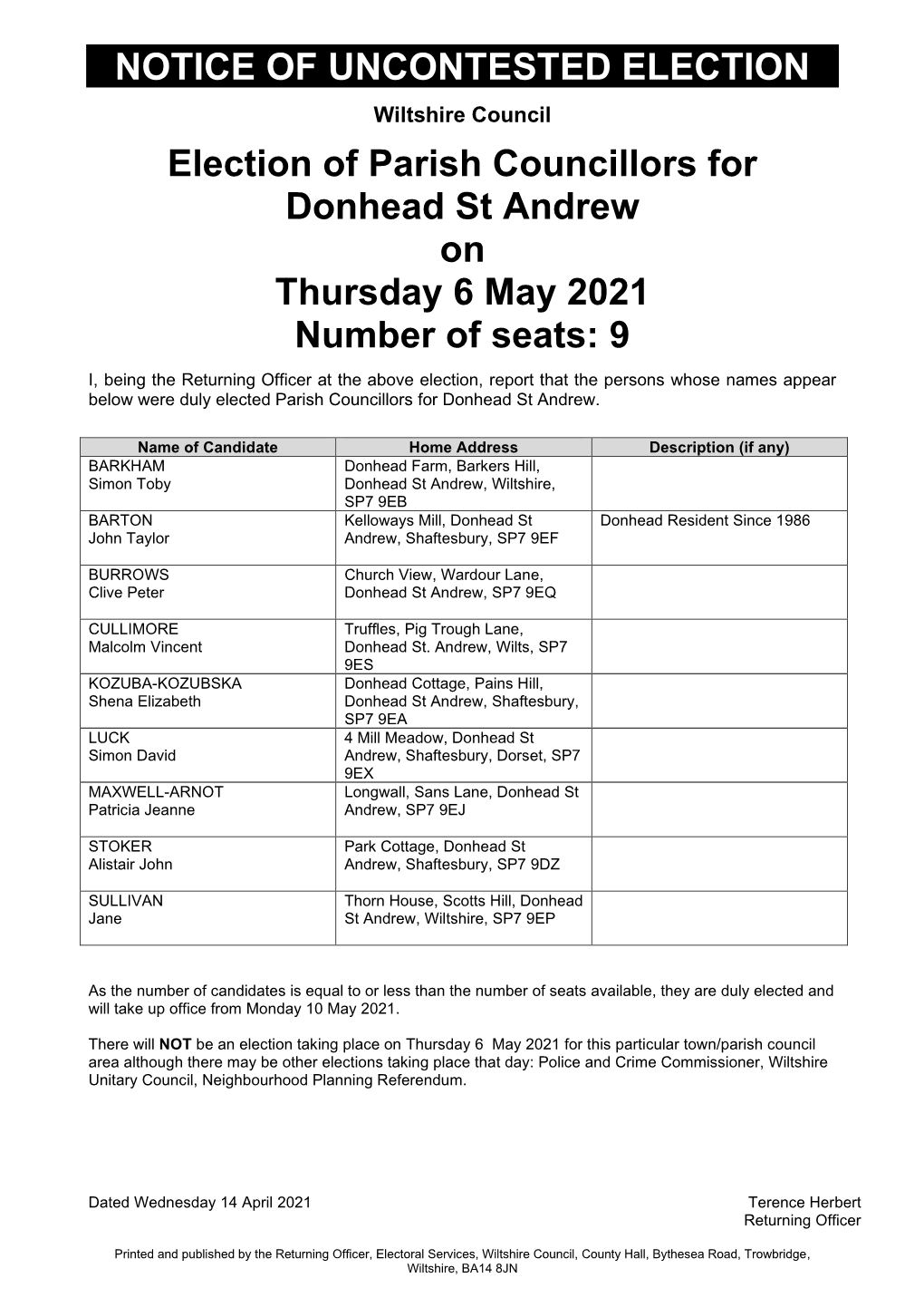 Donhead St Andrew Uncontested Results