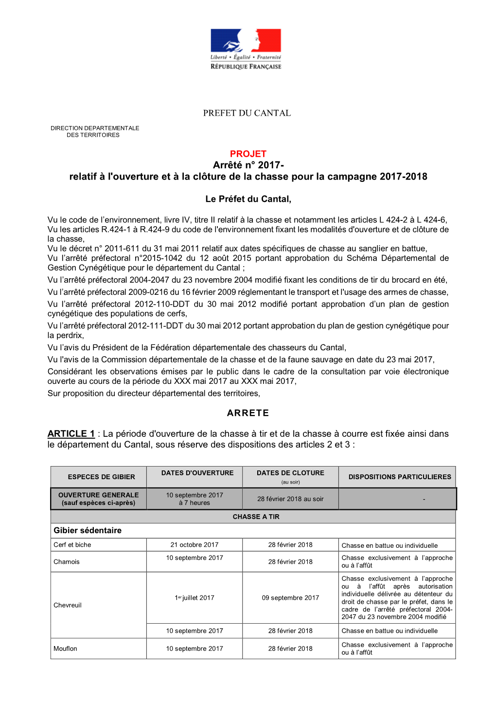 Projet Arrêté Ouverture-Fermeture Chasse 2017-2018