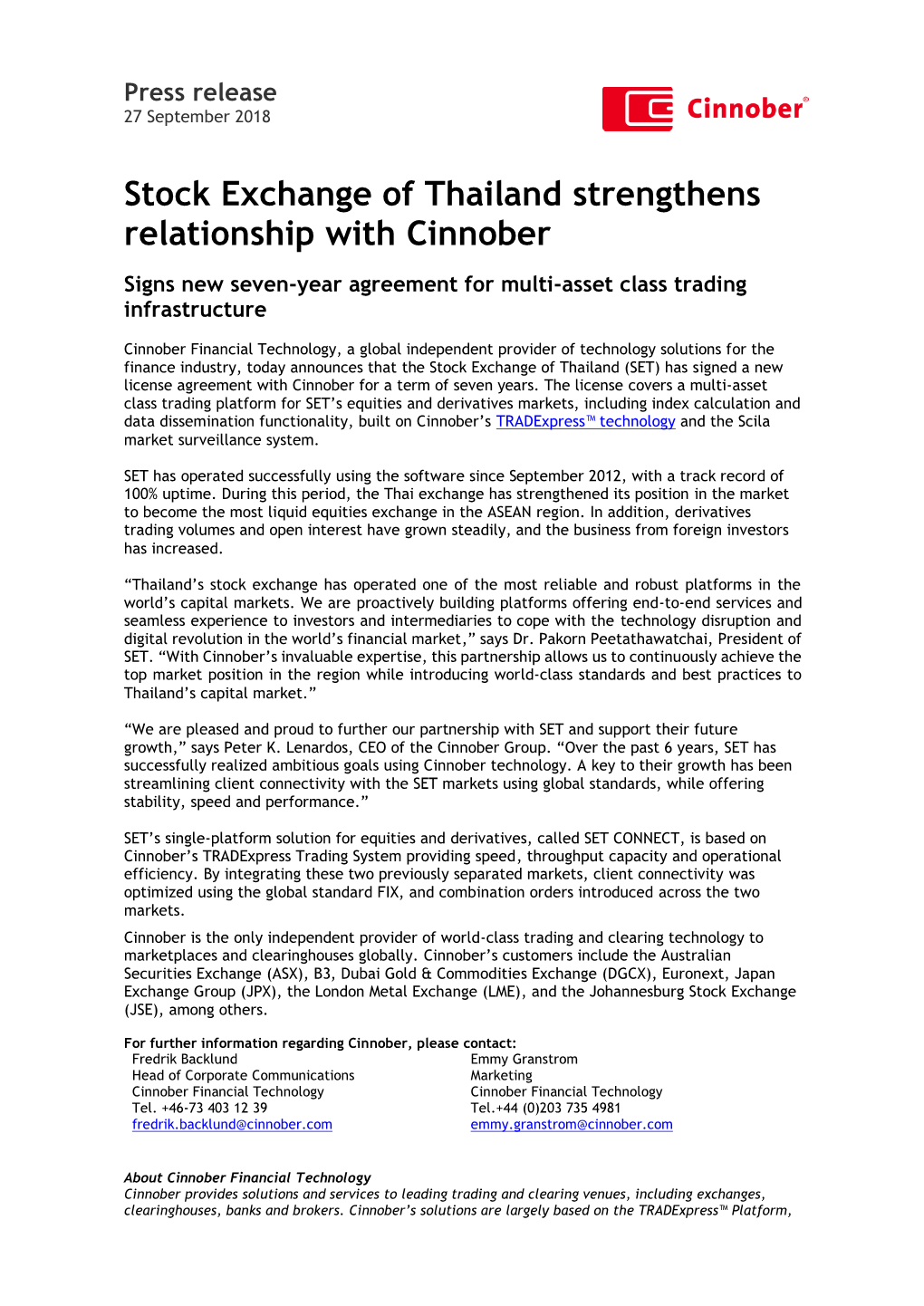 Stock Exchange of Thailand Strengthens Relationship with Cinnober