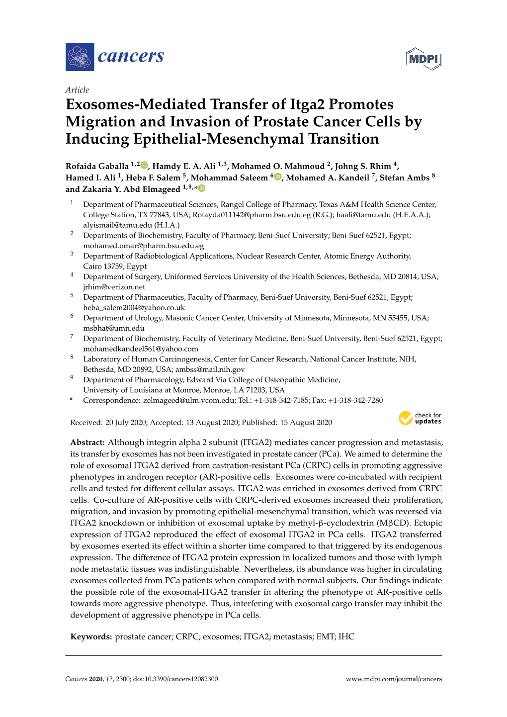 Exosomes-Mediated Transfer of Itga2 Promotes Migration and Invasion of Prostate Cancer Cells by Inducing Epithelial-Mesenchymal Transition