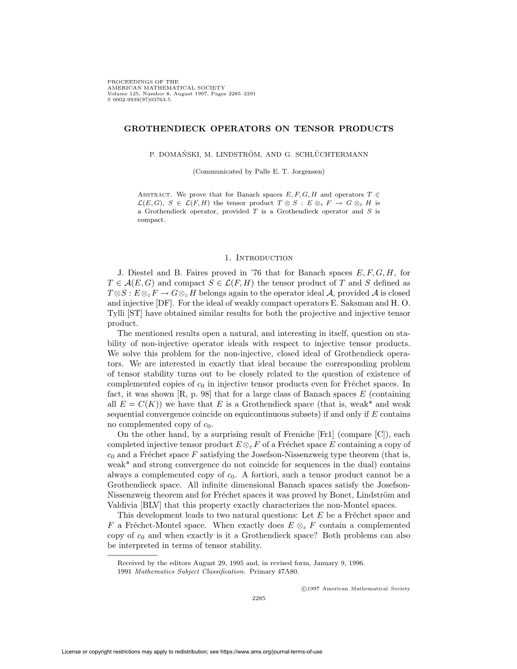 Grothendieck Operators on Tensor Products