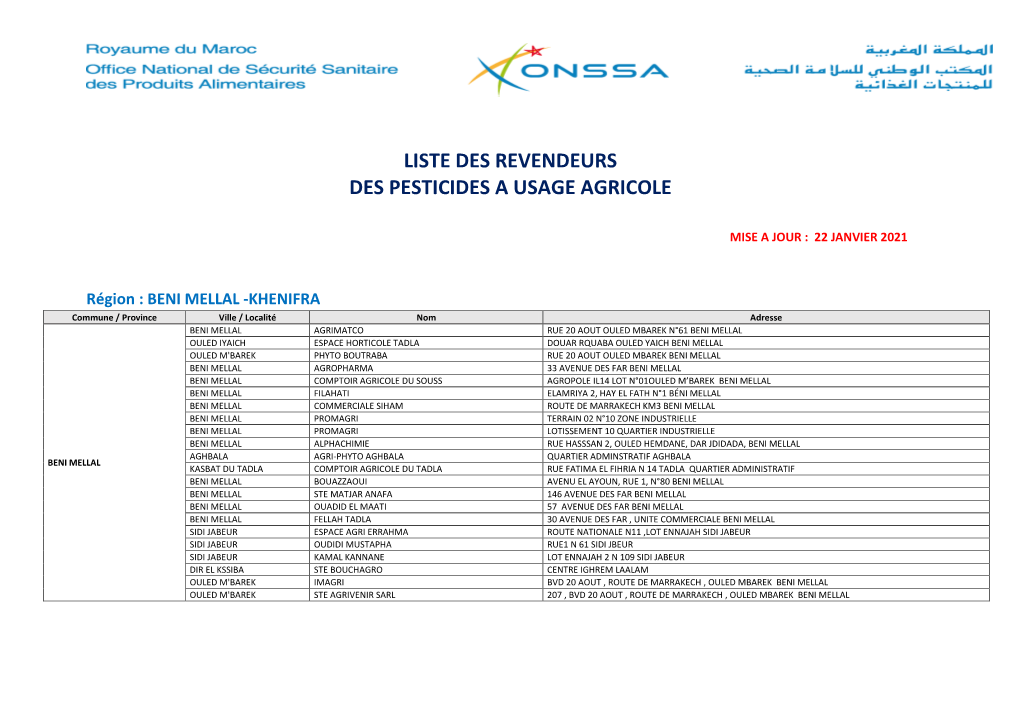 Liste Des Revendeurs Des Pesticides a Usage Agricole