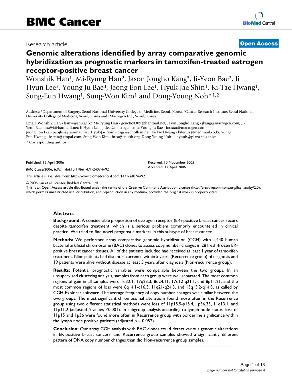 Genomic Alterations Identified by Array Comparative Genomic Hybridization