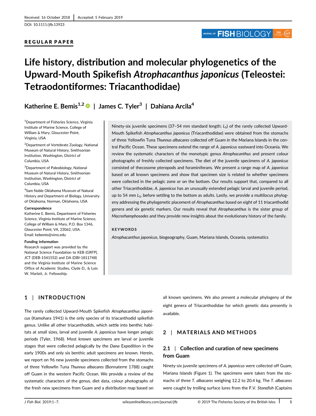 Life History, Distribution and Molecular Phylogenetics of the Upward-Mouth Spikefish Atrophacanthus Japonicus (Teleostei: Tetraodontiformes: Triacanthodidae)