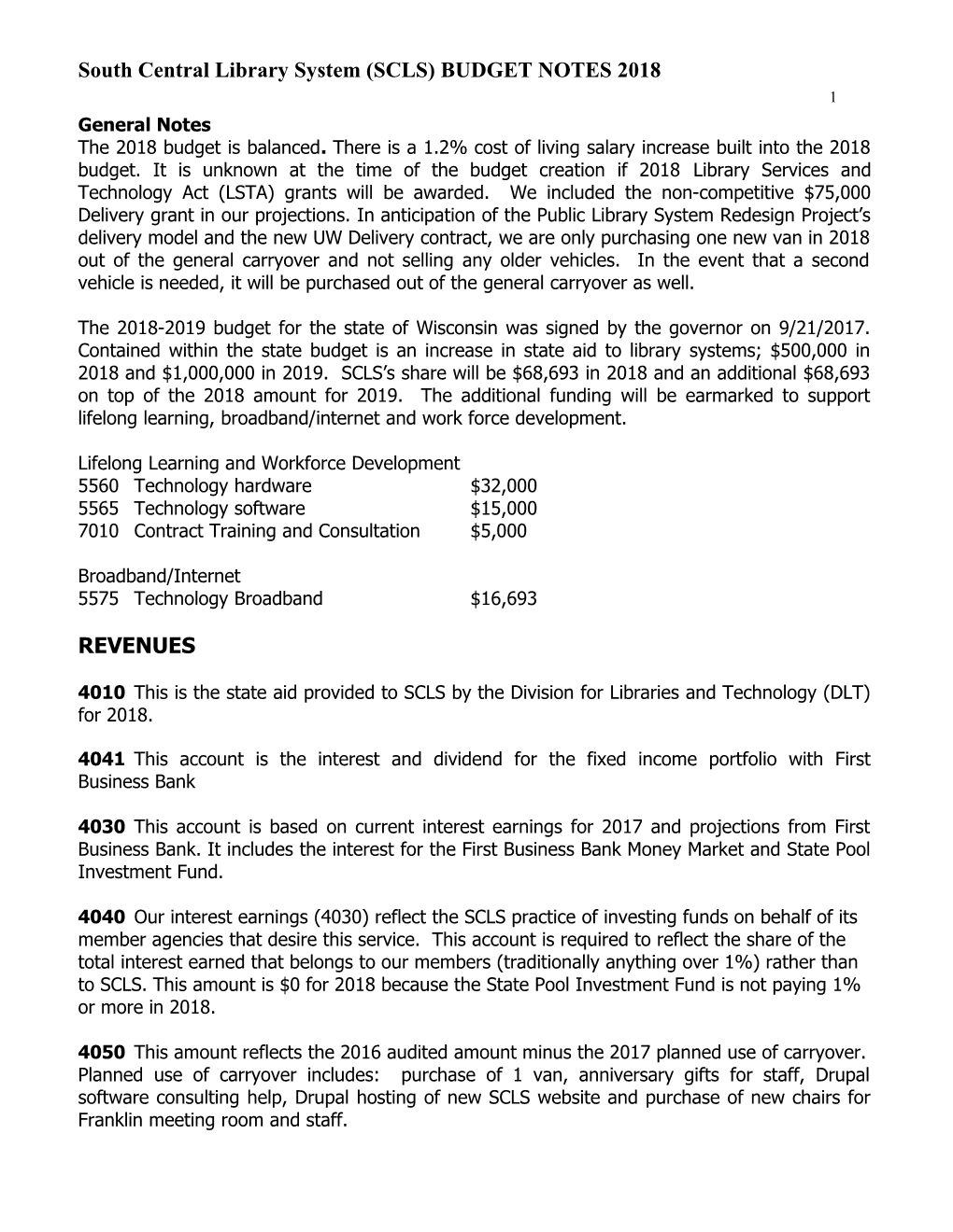 South Central Library System (SCLS) BUDGET NOTES 2018