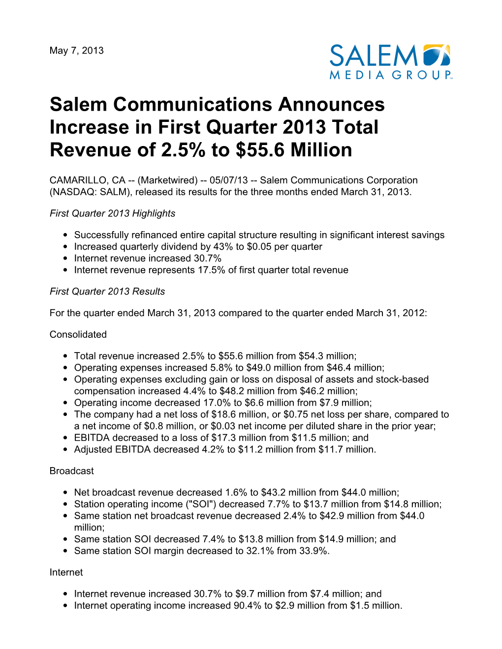 Salem Communications Announces Increase in First Quarter 2013 Total Revenue of 2.5% to $55.6 Million