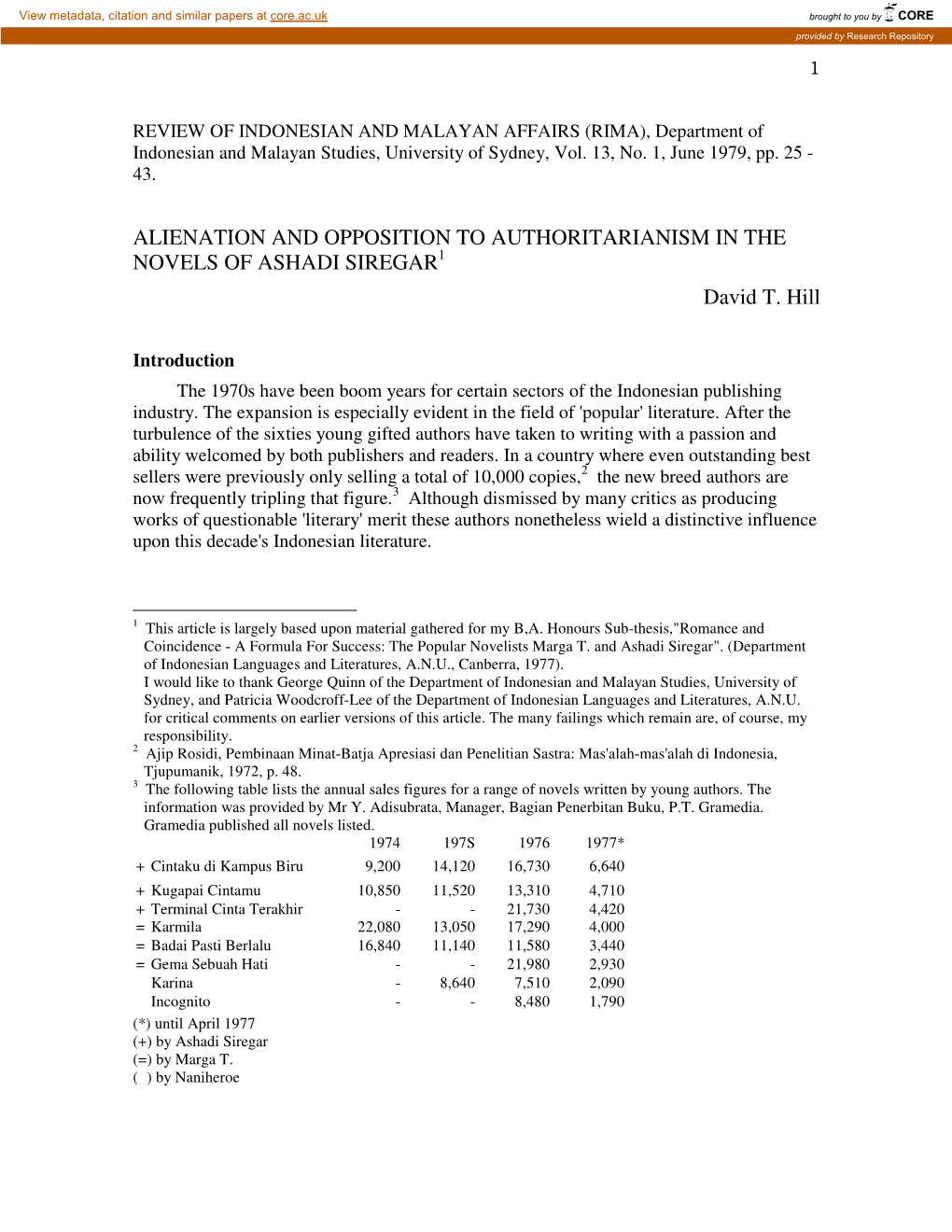 ALIENATION and OPPOSITION to AUTHORITARIANISM in the NOVELS of ASHADI SIREGAR David T. Hill