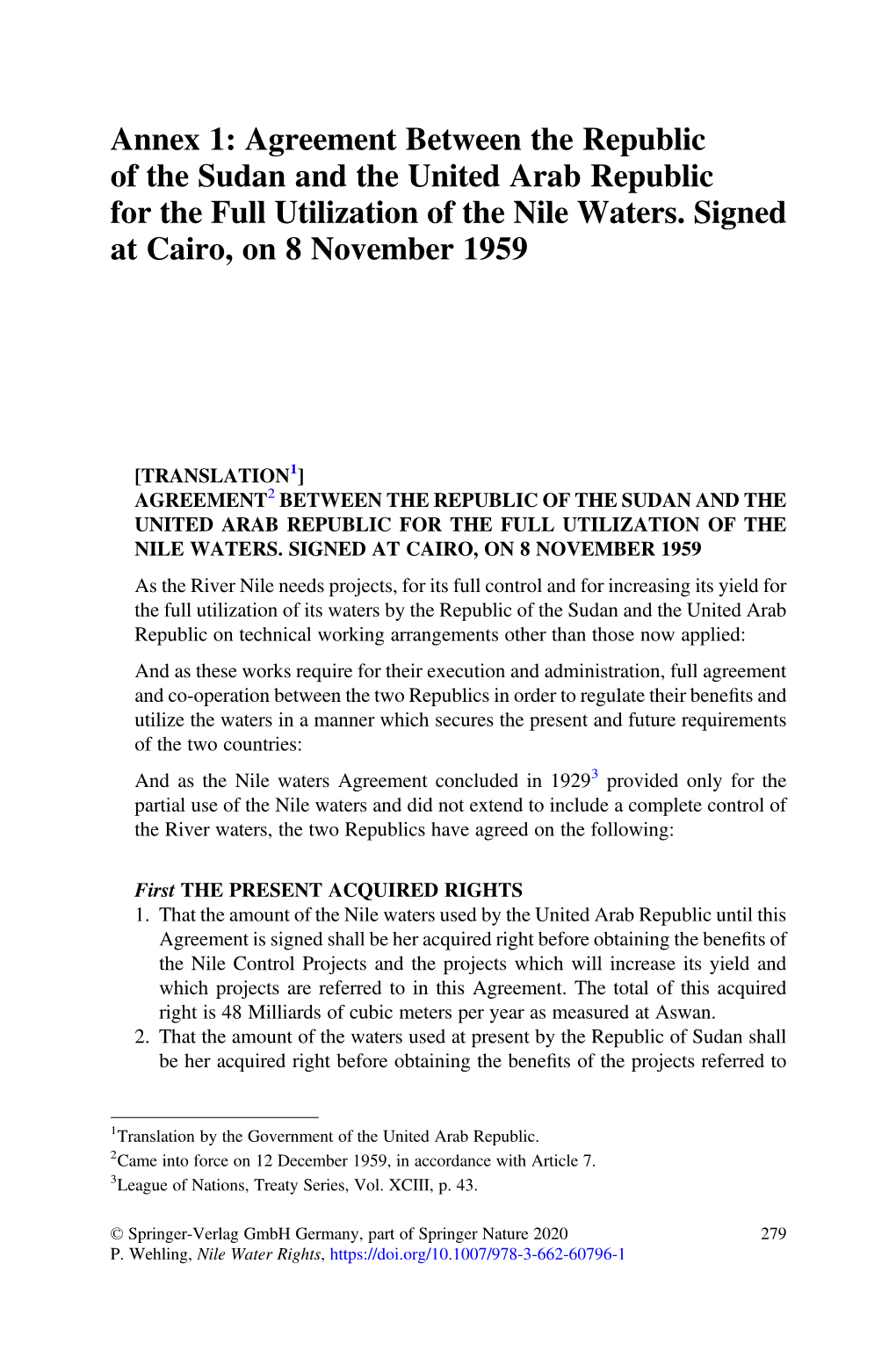 Annex 1: Agreement Between the Republic of the Sudan and the United Arab Republic for the Full Utilization of the Nile Waters