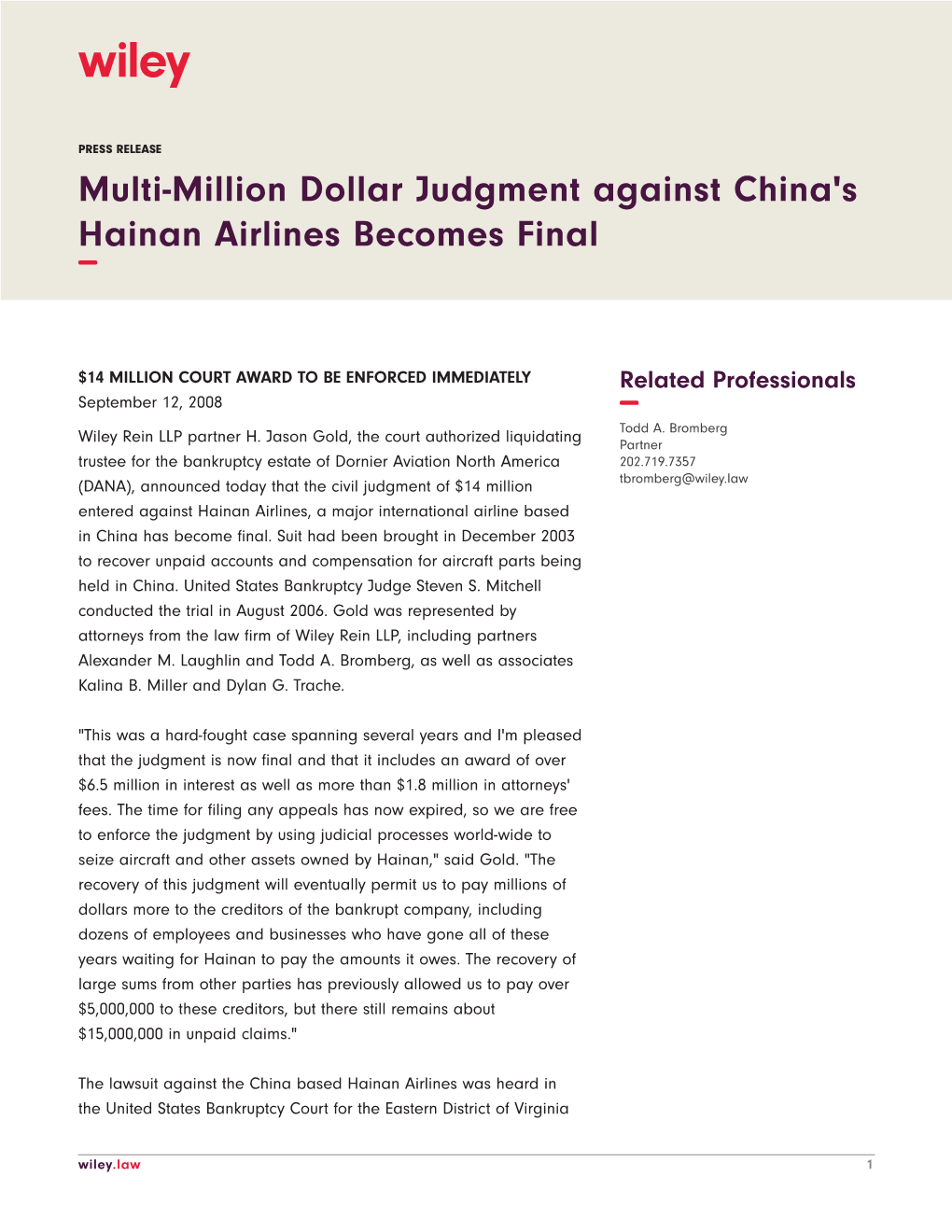 Multi-Million Dollar Judgment Against China's Hainan Airlines Becomes Final −