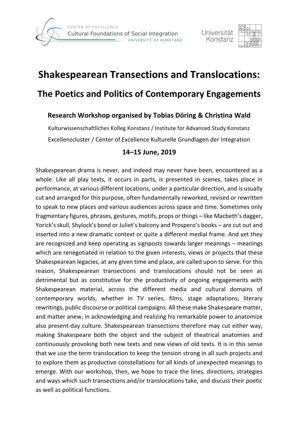 Shakespearean Transections and Translocations: the Poetics and Politics of Contemporary Engagements