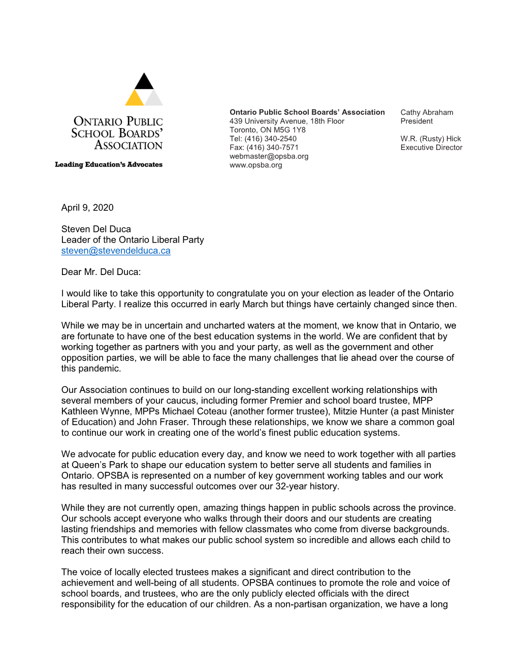 OPSBA Letter to Liberal Leader Steven Del Duca