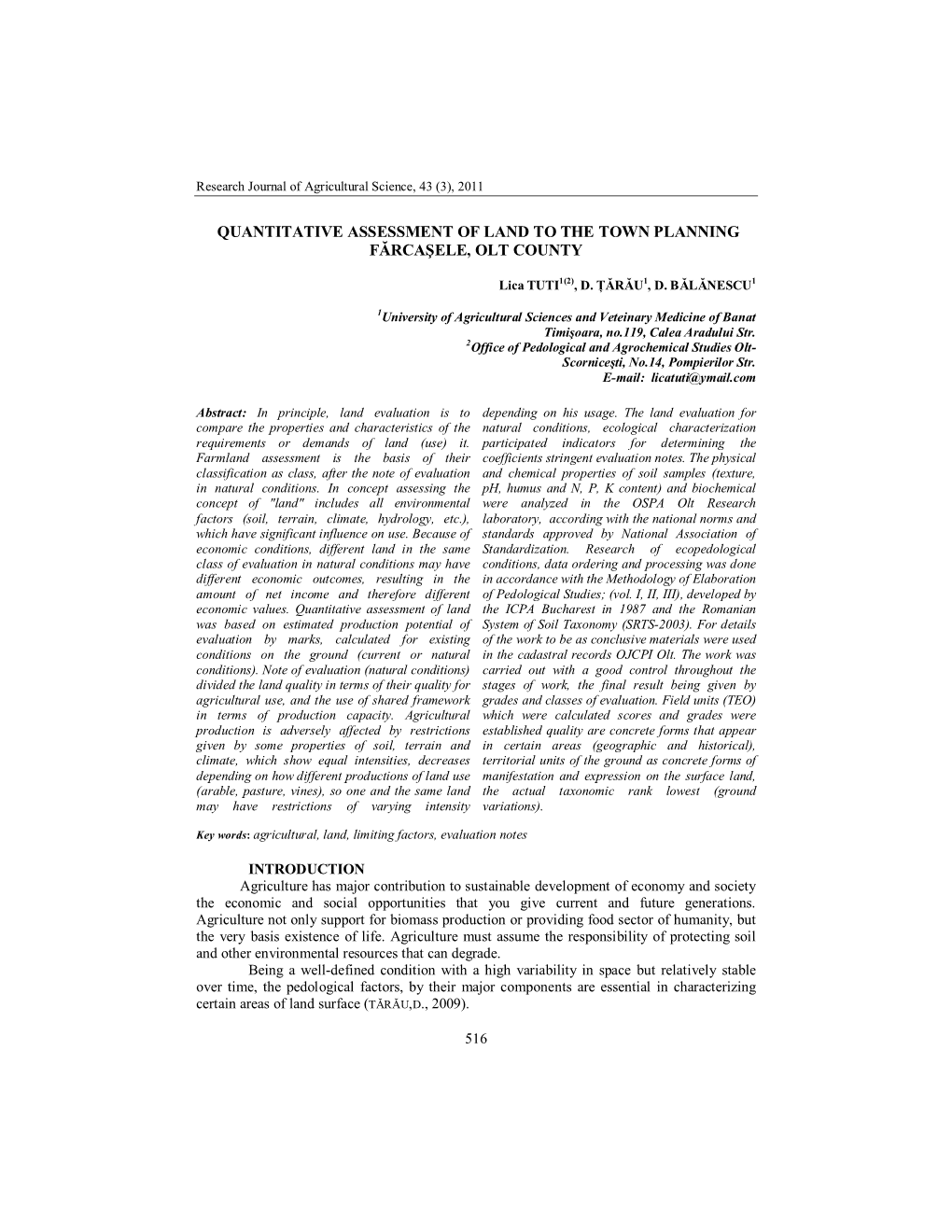 Quantitative Assessment of Land to the Town Planning Fărcaşele, Olt County