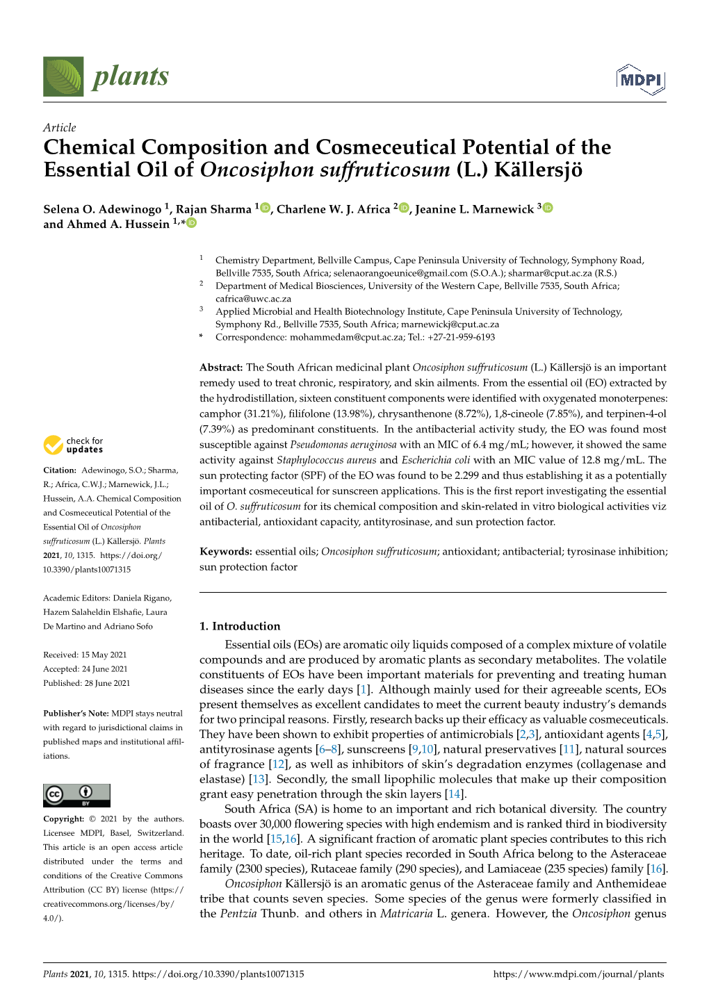 Chemical Composition and Cosmeceutical Potential of the Essential Oil of Oncosiphon Suffruticosum (L.) Källersjö