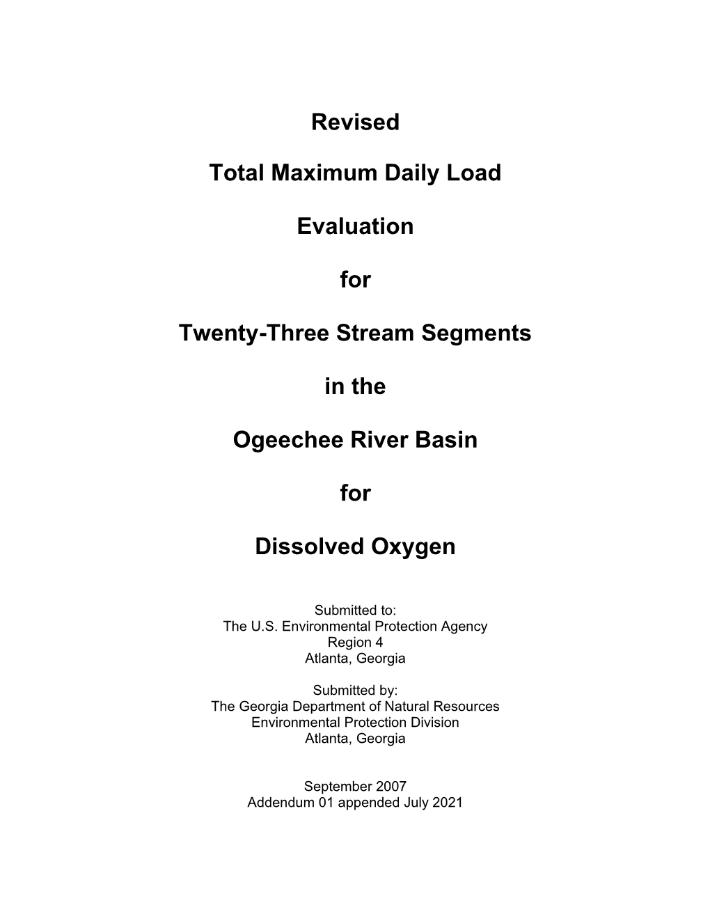 EPD 2007 Revised Ogeechee River Basin DO TMDL