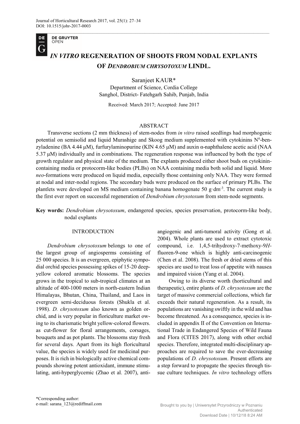 In Vitro Regeneration of Shoots from Nodal Explants of Dendrobium Chrysotoxum Lindl