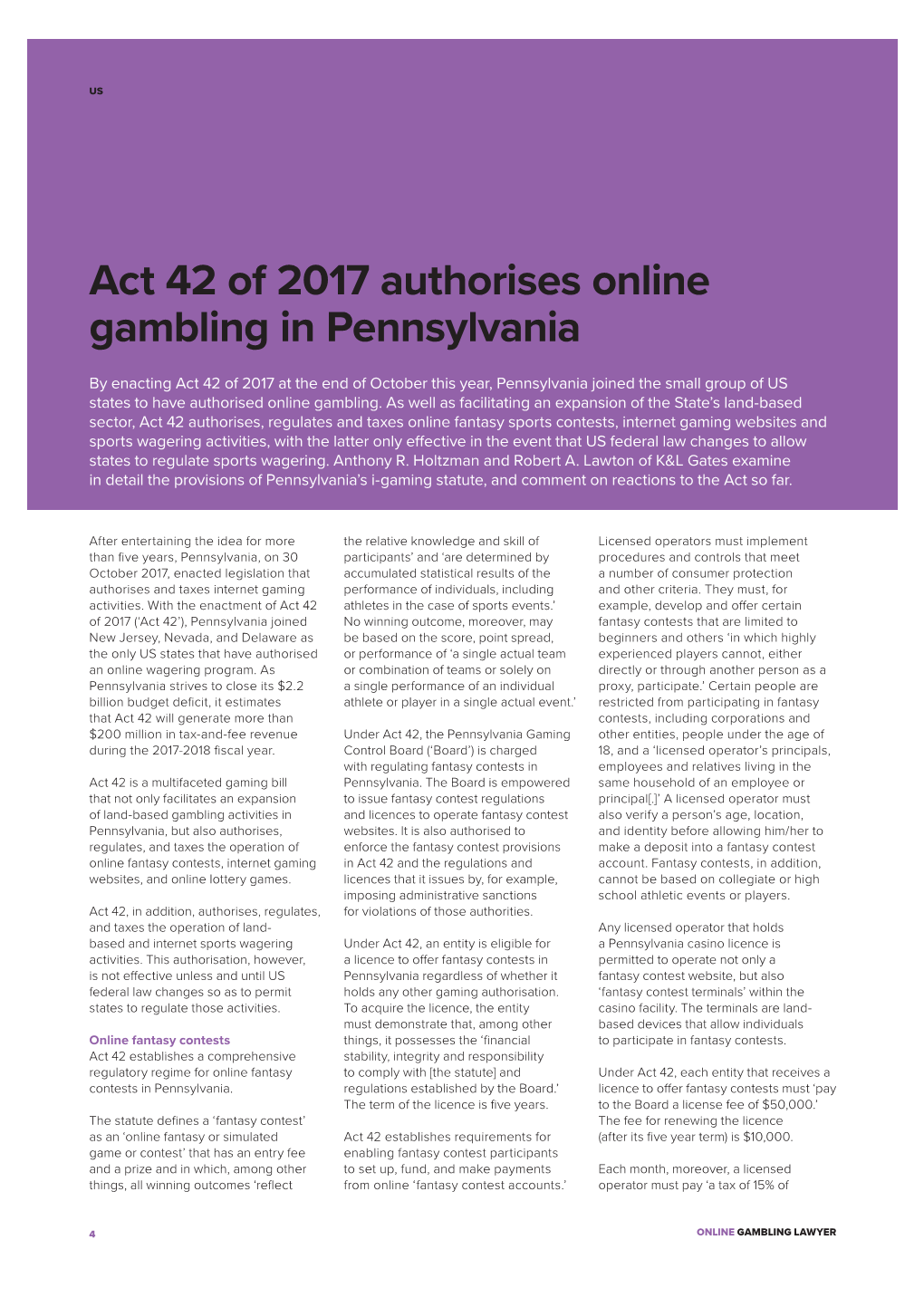 Act 42 of 2017 Authorises Online Gambling in Pennsylvania