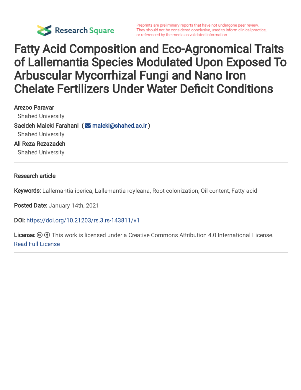 Fatty Acid Composition and Eco-Agronomical Traits of Lallemantia Species Modulated Upon Exposed to Arbuscular Mycorrhizal Fungi