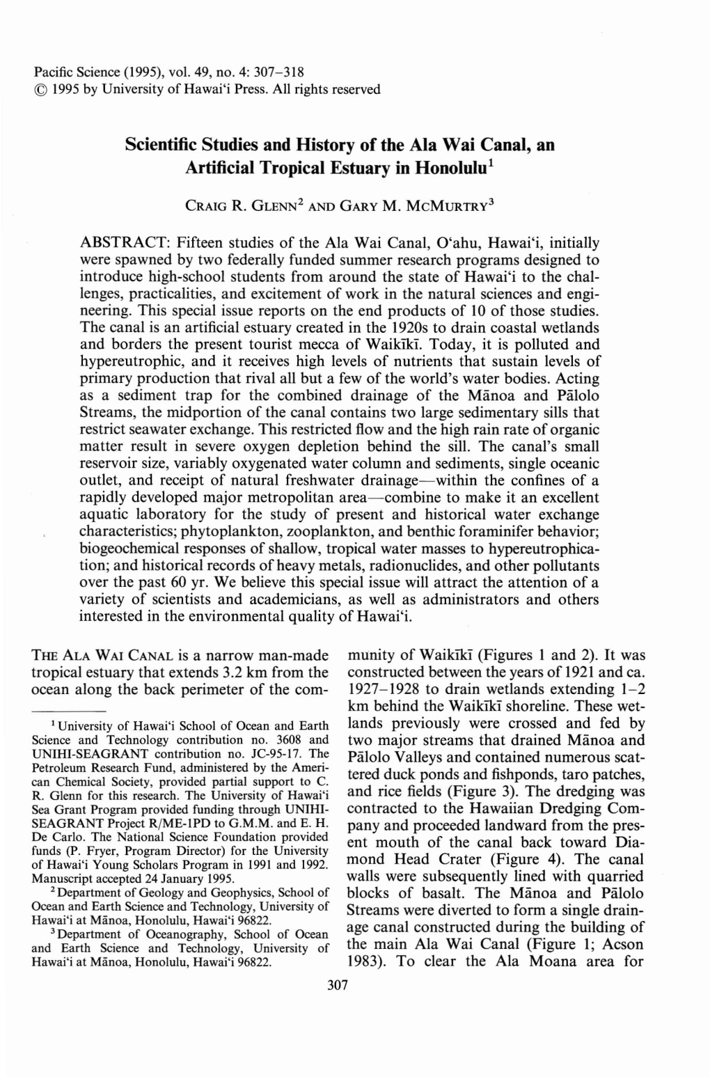 Scientific Studies and History of the Ala Wai Canal, an Artificial Tropical Estuary in Honolulu 1