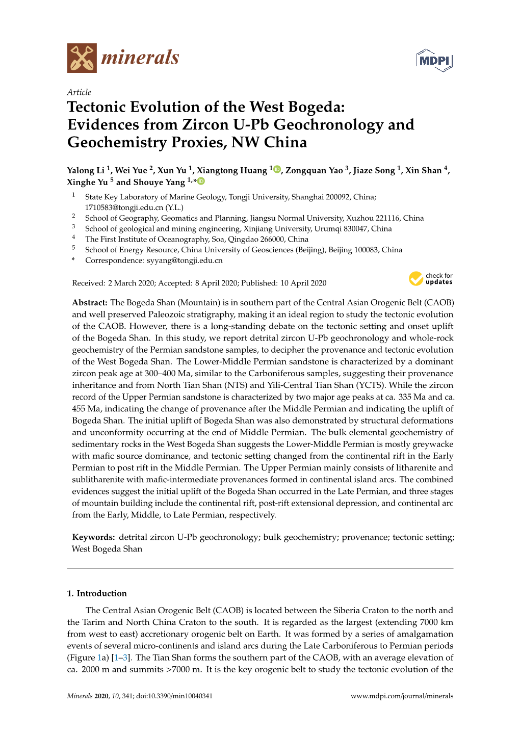 Tectonic Evolution of the West Bogeda: Evidences from Zircon U-Pb Geochronology and Geochemistry Proxies, NW China