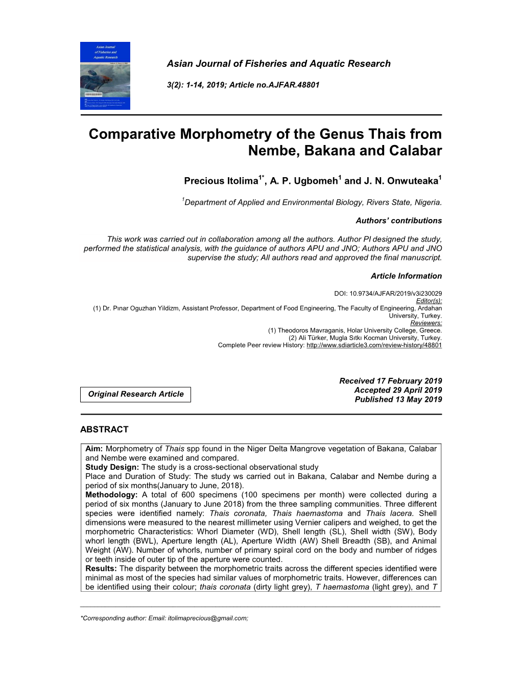 Comparative Morphometry of the Genus Thais from Nembe, Bakana and Calabar