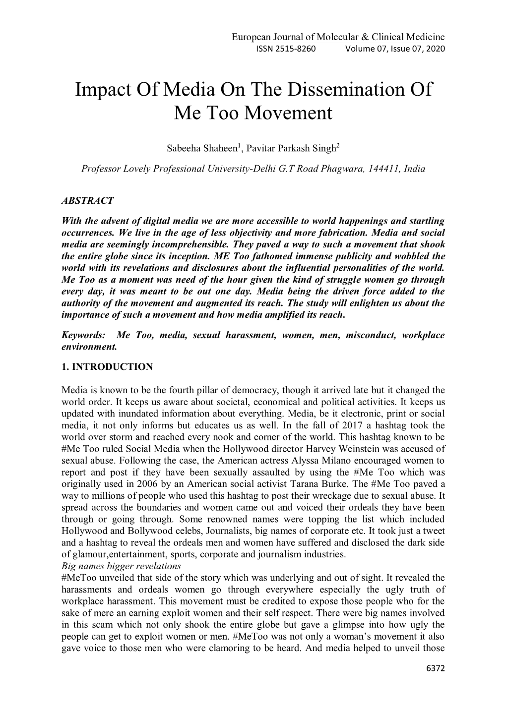 Impact of Media on the Dissemination of Me Too Movement