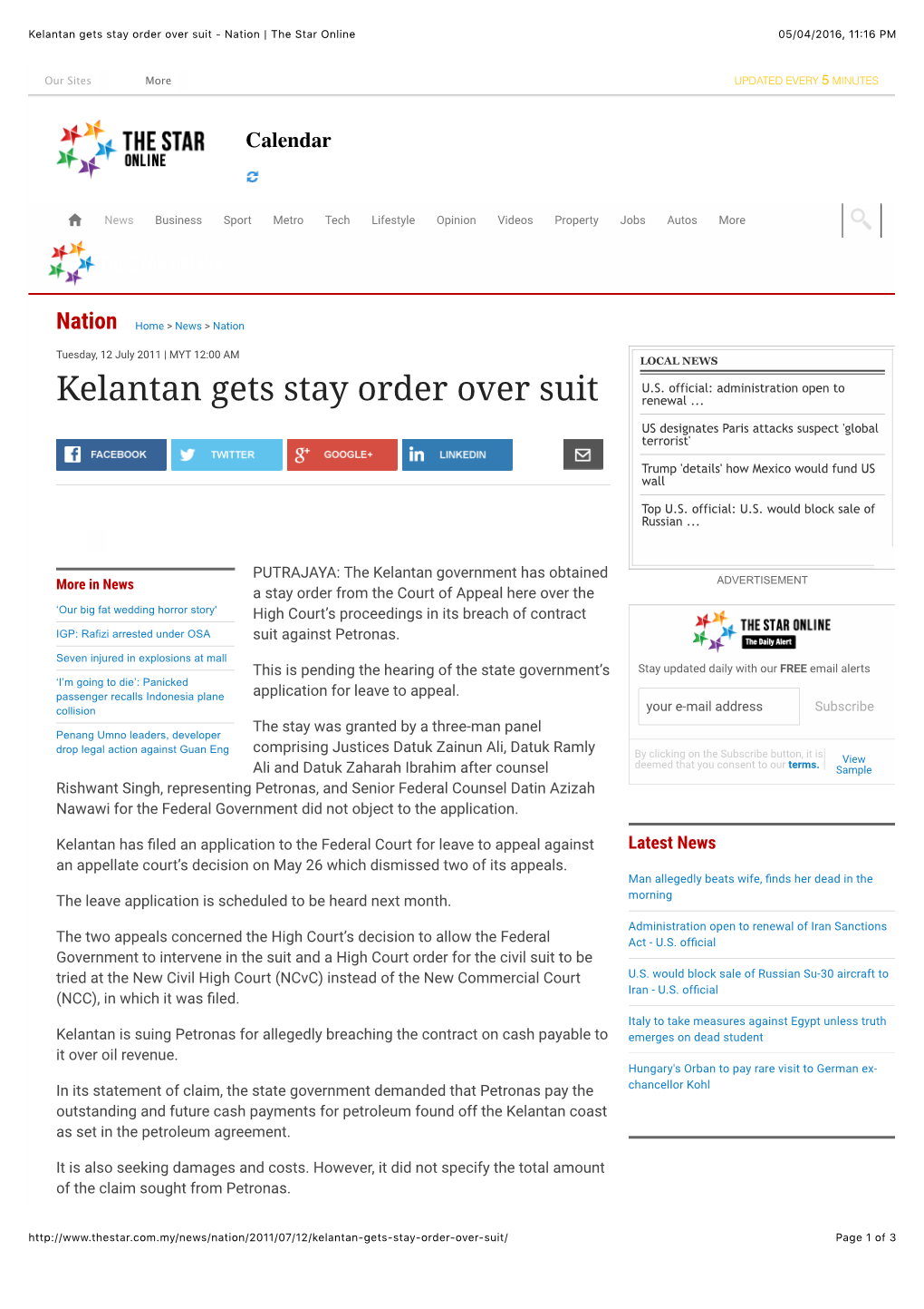 Kelantan Gets Stay Order Over Suit - Nation | the Star Online 05/04/2016, 11:16 PM