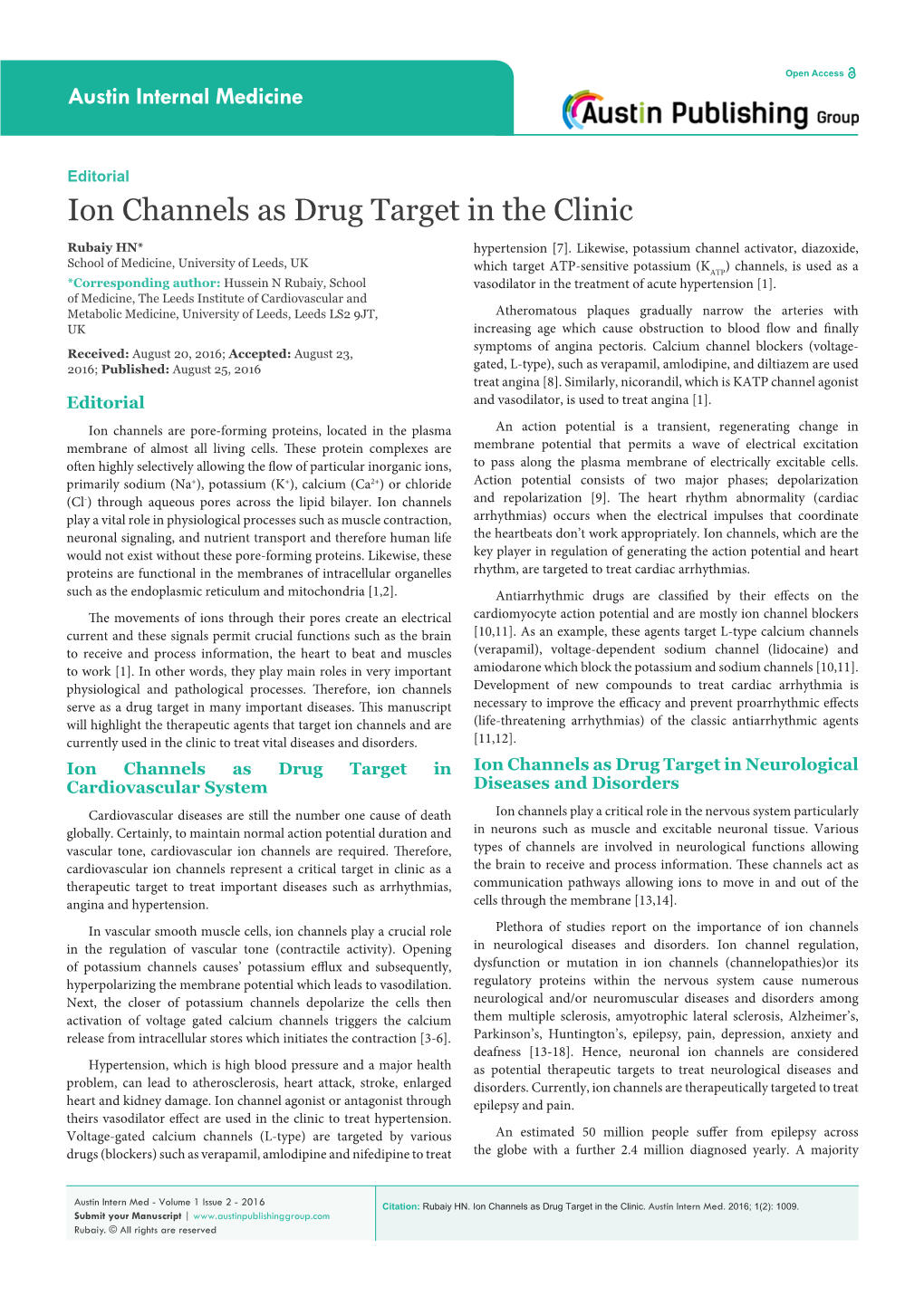 Ion Channels As Drug Target in the Clinic Rubaiy HN* Hypertension [7]