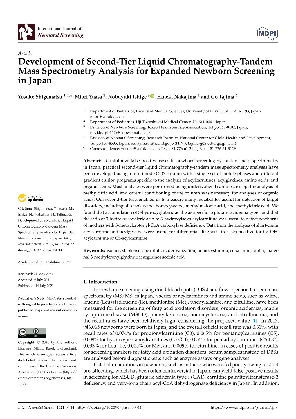 Development of Second-Tier Liquid Chromatography-Tandem Mass Spectrometry Analysis for Expanded Newborn Screening in Japan